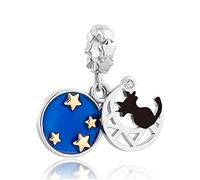 FGT Kitty Cat on Crescent Silver Moon Star Blue Sky Compatibile con braccialetti Pandora Love Family Mom Daughter Birthday