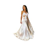 FGUJSUR Abito da Donna Bianco con Scollo a V Profondo, Senza Maniche, con Vita Scoperta e Ciondolo, Abito Lungo da Sera, Elegante Abito Estivo a Trapezio(M)