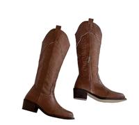 FGUJSUR Women's Brown Long Boots Autumn Retro Style Embroidered Cowboy Square Toe Thick Heel Knee-length(37)