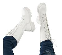 FGUUTYM 37-42 - Stivali con lacci da donna bianchi, con chiusura lampo laterale, a mezza altezza, con cinturino, bianco, 39 EU