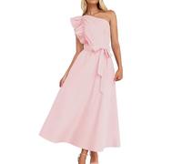 FGUUTYM Abito lungo estivo da donna 2024 Abito a spalla obliqua con bordi in legno e cintura Abito da damigella d'onore Abito da festa, RD1, L