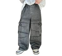FGUUTYM Jeans da ragazzo primaverile, taglia media e grande, personalizzati, in stile retrò, multi-tasca, pantaloni dritti per ragazze e ragazze, alla moda, grandi e larghi, per il tempo libero