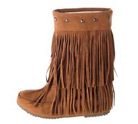 FGUUTYM Stivaletti da donna alla moda con frange, piatti, alla caviglia, in pelle scamosciata, invernali, caldi, da cowboy, medievali, per le mezze stagioni, giallo., 38 EU