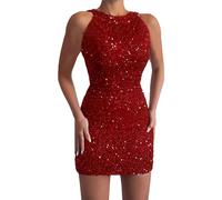 FGUUTYM Un Abito Di Moda Abito Spalla Paillettes Spalla Paillettes Paillettes Solido Lungo Increspato Sottile Freddo Sexy Donne Vestito Da Donna Breve Glitter, Z2 rosso., S