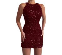 FGUUTYM Un Abito Di Moda Abito Spalla Paillettes Spalla Paillettes Paillettes Solido Lungo Increspato Sottile Freddo Sexy Donne Vestito Da Donna Breve Glitter, Z2-vino, XXL