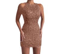 FGUUTYM Un Abito Di Moda Abito Spalla Paillettes Spalla Paillettes Paillettes Solido Lungo Increspato Sottile Freddo Sexy Donne Vestito Da Donna Breve Glitter, Z2-kaki, L