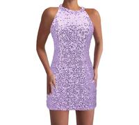 FGUUTYM Un Abito Di Moda Abito Spalla Paillettes Spalla Paillettes Paillettes Solido Lungo Increspato Sottile Freddo Sexy Donne Vestito Da Donna Breve Glitter, Z2 viola., M
