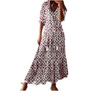 FGVFCS Abiti Boho da donna UK Plus Size Summer Maxi Abiti Mezza Manica Abito Lungo Floreale Abito da Spiaggia con Coulisse Scollo a V Abito a Tunica Abito Largo da Donna Elegante Cocktail Party Dress