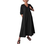 FGVFCS Abiti da donna in cotone e lino, taglie forti, abito midi con maniche a 3/4, con tasche, scollo a V, abiti larghi da donna, eleganti abiti da festa, vacanze, spiaggia, prendisole, lavoro