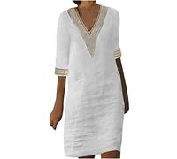 FGVFCS Abiti da donna in lino taglie forti abito midi a mezza manica con scollo a V abito a tubino con finiture in pizzo Petite Plain dritto prendisole da donna elegante cocktail party abiti da