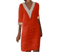 FGVFCS Abiti da donna in lino taglie forti abito midi a mezza manica con scollo a V abito a tubino con finiture in pizzo Petite Plain dritto prendisole da donna elegante cocktail party abiti da