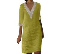 FGVFCS Abiti da donna in lino taglie forti abito midi a mezza manica con scollo a V abito a tubino con finiture in pizzo Petite Plain dritto prendisole da donna elegante cocktail party abiti da