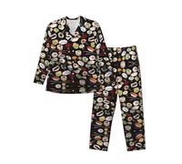 Fgwaauh Giapponese Sushi Nero. Pigiama Da Uomo Set Button Down Pjs Set Per Gli Uomini Manica Lunga Sleepwear Loungewear Con Tasche, Nero , XL