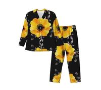 Fgwaauh Pigiama da uomo con fiori gialli Set Button Down Pjs Set per gli uomini a maniche lunghe Sleepwear Loungewear con tasche, Nero , S