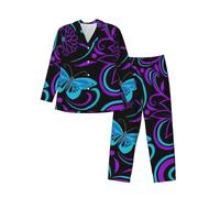 Fgwaauh Viola Farfalla E Fiori Pigiama Da Uomo Set Button Down Pjs Set Per Gli Uomini Manica Lunga Sleepwear Loungewear Con Tasche, Nero , XL