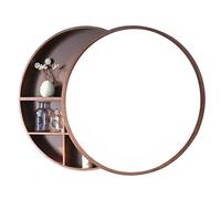 FGXHHS Mobiletto a Specchio Rotondo in Legno da Appendere al Muro per Bagno con ripiano portaoggetti, in Legno massello Impermeabile (Colore: Noce, Dimensioni: 60 cm)