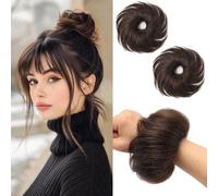 FGZJMAE Chignon disordinato, 100% veri capelli umani ricci naturali, castano scuro, soffici ciambelle, elastico in gomma, chignon, scrunchies (2 conteggi, #2 castano più scuro)