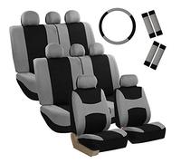 FH GROUP 3 Row Set 7 Seater Light & Breezy Flat Cloth Car Seat Covers, Combo Steering Wheel Cover & Seat Belt Pads, Airbag and Split Rear, Universal Fit for Cars Trucks, SUV, Gray
