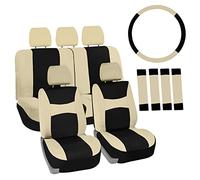 FH Group Coprisedili per auto, set di coprisedili universali beige, nero, con coprivolante e cintura di sicurezza (compatibile con airbag e panca divisa) FB030BEIGEBLACK115-COMBO