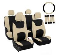 FH Group Coprisedili per auto, set di coprisedili universali beige, nero, con coprivolante e cintura di sicurezza (compatibile con airbag e panca divisa) FB030BEIGEBLACK115-COMBO