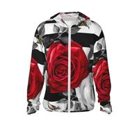 FHEBNDS Giacca da uomo con cappuccio UPF 50+ protezione solare con zip intera, maniche lunghe, strisce bianche e nere, fiori rossi, camicia da sole, nero, X-Large