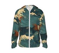 FHEBNDS Giacca da uomo UPF 50+ con cappuccio con protezione solare, cerniera intera, maniche lunghe, motivo onde giapponesi, da donna, con tasca, nero, Small