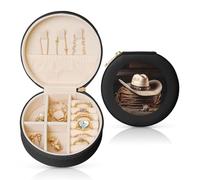 FHEBNDS Portagioie da viaggio in pelle per donne regali di compleanno, American West Rodeo Hat Jewelry Box con cerniera Piccolo organizer rotondo per gioielli scatola portaoggetti per anelli