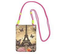 FHEBNDS Torre Eiffel Fiori e Farfalle Borse a Tracolla per Le Donne Alla Moda Piccola Borsa Da Viaggio Cellulare Telefono Borse Portafogli per Uomo Fuchusia