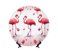 FHEDVBN Piatto decorativo da esposizione, grazioso piatto decorativo in porcellana con fenicotteri rosa, 17,8 cm, piatto piano in ceramica con supporto, ornamenti da appendere alla parete, elegante