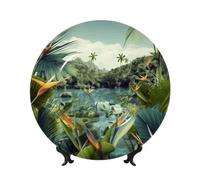 FHEDVBN Piatto decorativo da esposizione, piatto decorativo in porcellana Bone China con paesaggio tropicale, 20,3 cm, piatto piano in ceramica con supporto, ornamenti da appendere alla parete