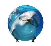 FHEDVBN Piatto decorativo per esposizione, delfino con sorriso piatto decorativo in porcellana Bone China da 15,2 cm, piatto piano in ceramica con supporto, ornamenti da appendere alla parete
