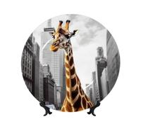 FHEDVBN Piatto decorativo per esposizione, giraffa a New York, piatto decorativo in porcellana Bone China da 17,8 cm, piatto piano in ceramica con supporto, ornamenti da appendere alla parete