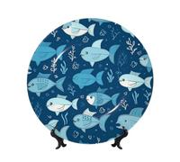 FHEDVBN Piatto decorativo per esposizione, grazioso piatto decorativo in porcellana a lisca di pesce blu, 20,3 cm, piatto da pranzo in ceramica con supporto, ornamenti da appendere alla parete