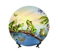 FHEDVBN Piatto decorativo per esposizione, molte rane cantano sui rami Piatto decorativo in porcellana Bone China da 15,2 cm, piatto da pranzo in ceramica con supporto, ornamenti da appendere alla