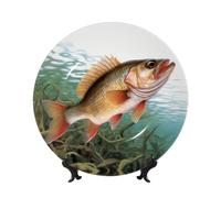 FHEDVBN Piatto decorativo per esposizione, piatto decorativo in porcellana a lisca di pesce, 25,4 cm, piatto piano in ceramica con supporto, ornamenti da appendere alla parete, elegante artigianato