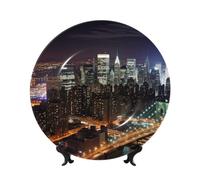FHEDVBN Piatto decorativo per esposizione, piatto decorativo in porcellana Bone China di New York, 15,2 cm, piatto piano in ceramica con supporto, ornamenti da appendere alla parete, elegante