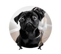 FHEDVBN Piatto decorativo per esposizione, simpatico cane carlino nero bone china piatto decorativo 17,8 cm, piatto piano in ceramica con supporto, ornamenti da appendere alla parete, elegante