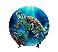 FHEDVBN Piatto decorativo per esposizione, tartarughe marine pittura diamante Bone China Piatto decorativo 20,3 cm, piatto piano in ceramica con supporto, ornamenti da appendere alla parete, elegante