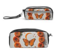 FHESDCW Astuccio arancione con farfalla e luna, grande capacità con cerniera, borsa per cosmetici impermeabile da appendere, per viaggi, astuccio vintage in pelle per donne e uomini