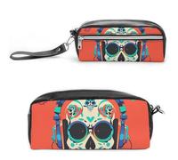 FHESDCW Astuccio con auricolari punk rock, grande capacità, con cerniera, borsa per cosmetici impermeabile da appendere, per viaggi, astuccio vintage in pelle per donne e uomini
