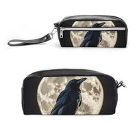 FHESDCW Astuccio con corvo nero su luna piena, grande capacità con cerniera, borsa cosmetica impermeabile da appendere per viaggi, astuccio vintage in pelle per donne e uomini