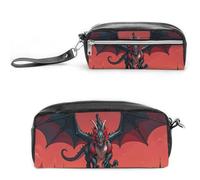 FHESDCW Astuccio con drago rosso e nero, grande capacità, con cerniera, da appendere, impermeabile, per viaggi, astuccio vintage in pelle per donne e uomini