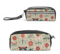 FHESDCW Astuccio con fiori e libellule rosse e verdi, grande capacità, con cerniera, borsa cosmetica impermeabile da appendere, per viaggi, astuccio vintage in pelle per donne e uomini
