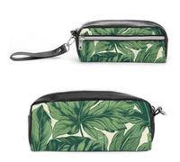 FHESDCW Astuccio con foglie verdi botaniche di grande capacità con cerniera, borsa per cosmetici impermeabile da appendere, per viaggi, astuccio vintage in pelle per donne e uomini
