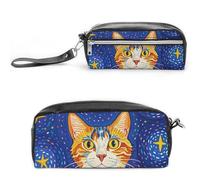 FHESDCW Astuccio con gatto che guarda le stelle, grande capacità, con cerniera, borsa per cosmetici da appendere, impermeabile, per viaggi, astuccio vintage in pelle per donne e uomini