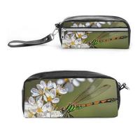 FHESDCW Astuccio con libellule su fiori e rami, grande capacità, con cerniera, borsa cosmetica impermeabile da appendere, per viaggi, astuccio vintage in pelle per donne e uomini