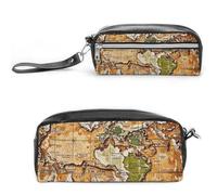 FHESDCW Astuccio con mappa del mondo, grande capacità, con cerniera, borsa per cosmetici da appendere, impermeabile, per viaggi, astuccio vintage in pelle per donne e uomini