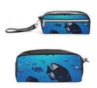 FHESDCW Astuccio con motivo pesce che si sposta sul mare, grande capacità, con cerniera, borsa per cosmetici da appendere, impermeabile, per viaggi, astuccio vintage in pelle per donne e uomini