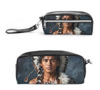 FHESDCW Astuccio con personaggi indigeni e lupi, grande capacità, con cerniera, borsa per cosmetici impermeabile da appendere, per viaggi, astuccio vintage in pelle per donne e uomini