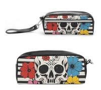 FHESDCW Astuccio con scheletro e fiore bianco e nero grande capacità con cerniera, borsa cosmetica impermeabile da appendere per viaggi, astuccio vintage in pelle per donne e uomini